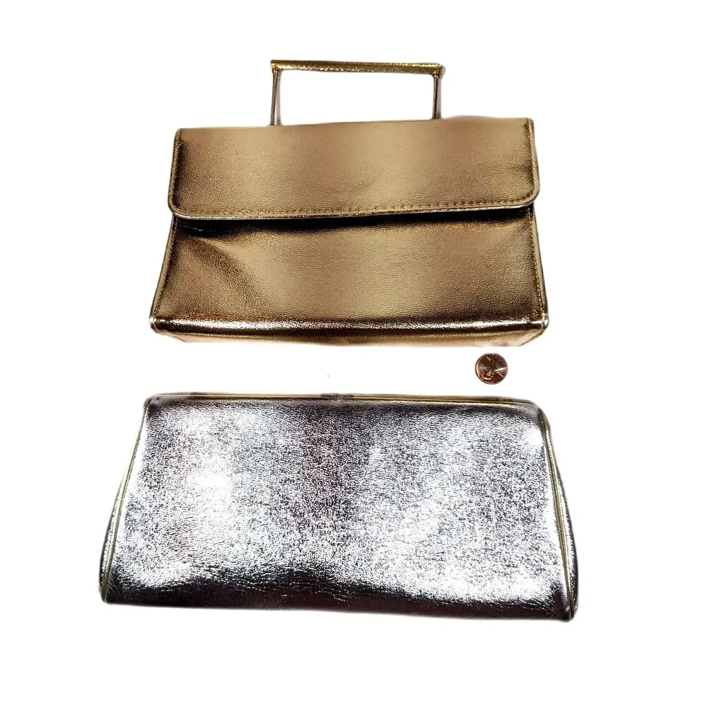 2 Vintage Purse Metallic Gold Silver Lame Convertible Clutch Evening Bag 1960s